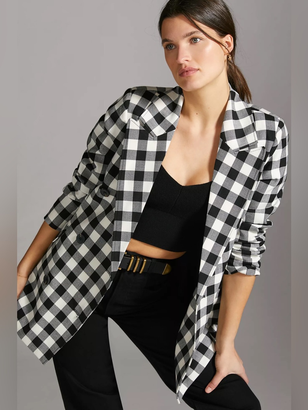 Avec Les Filles Double-Breasted Gingham Blazer L NWT